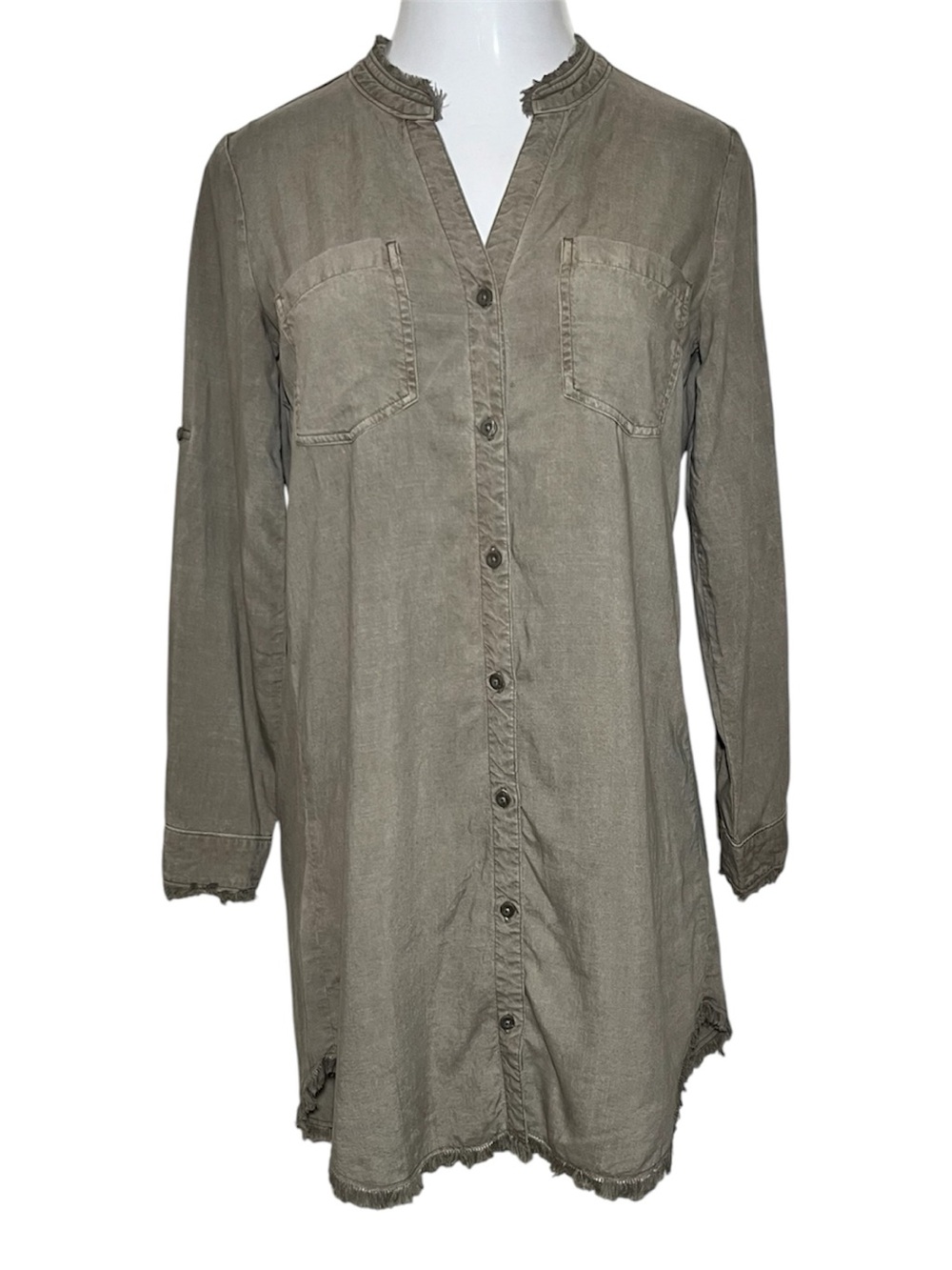Cloth & Stone Anthropologie Olive Green Tencel Fringe-trim Tunic Shirt Dress